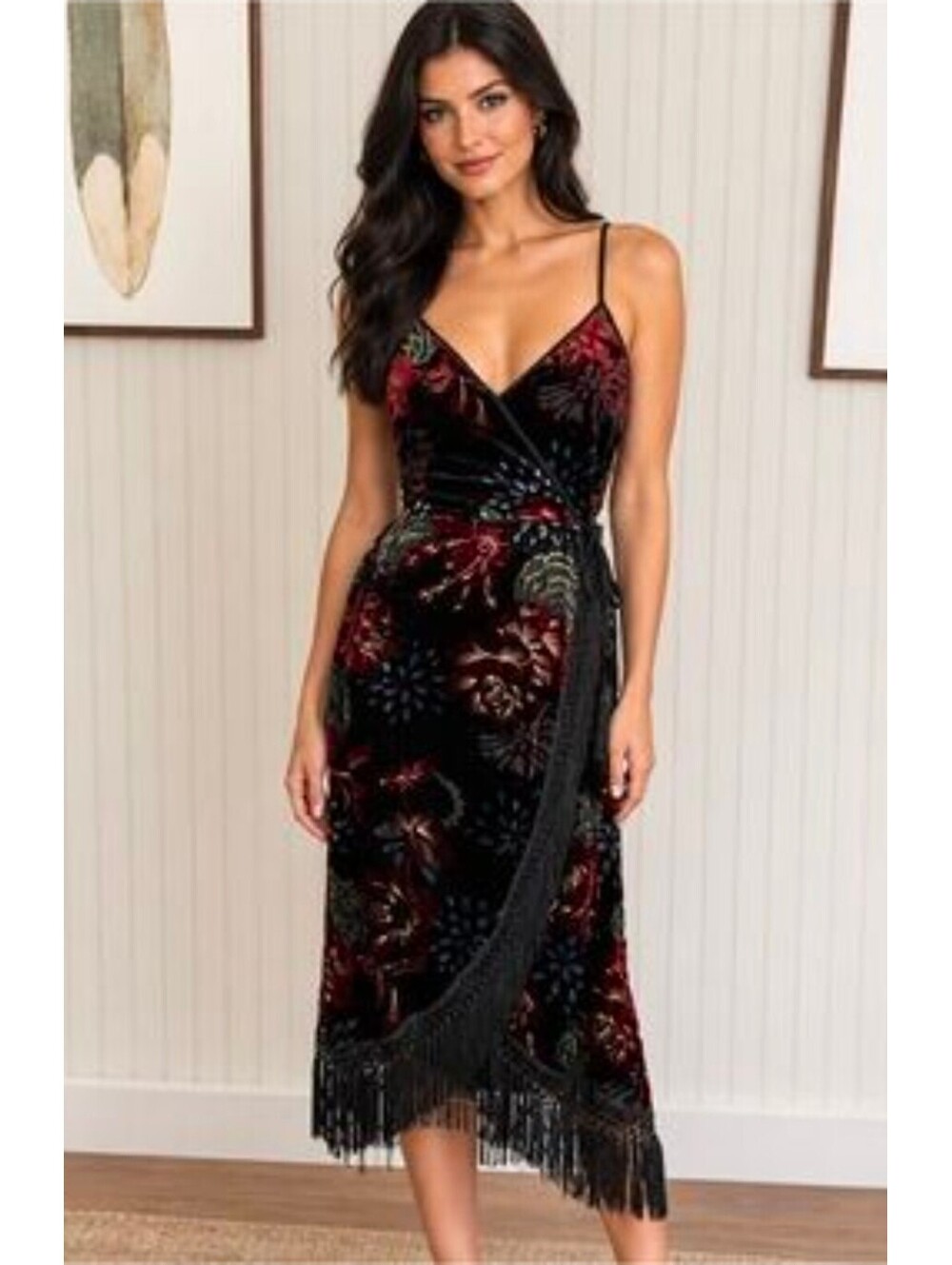 Anthropologie Band of Gypsies Velvet Floral Fringe Dress XS